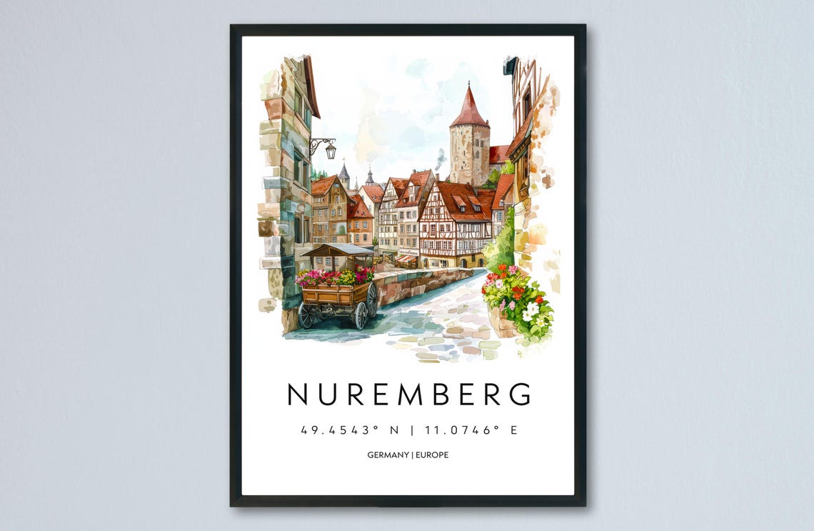 Nuremberg Watercolor Germany Medieval Street Houses Travel Poster