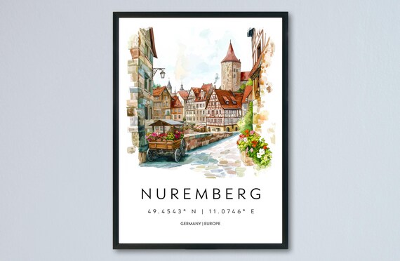 Nuremberg Watercolor Germany Medieval Street Houses Travel Poster