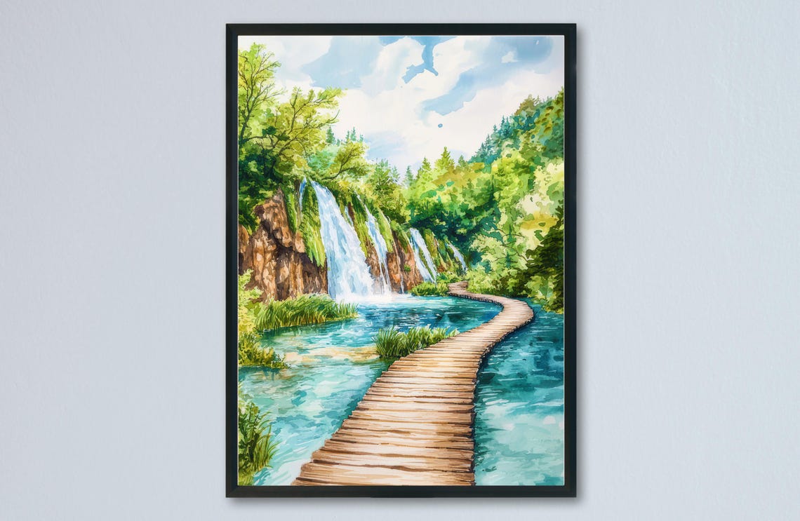 Plitvice Lakes Boardwalk Turquoise Waterfall Watercolor Travel Poster