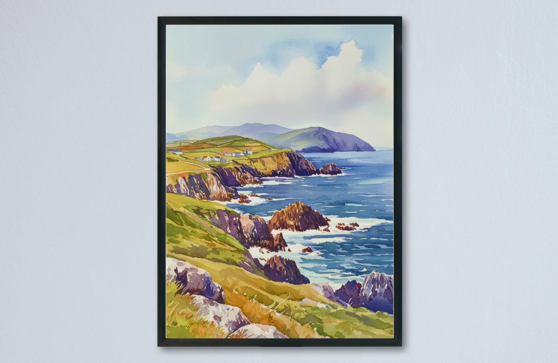 Dingle Peninsula Ireland Cliffs Rugged Coast Watercolor Poster