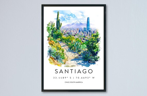 Santiago Chile Cityscape Watercolor With Andes Mountain View Poster