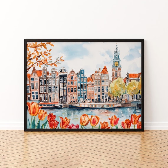 Amsterdam Canal with Tulips and Clock Tower Autumn Watercolor Poster