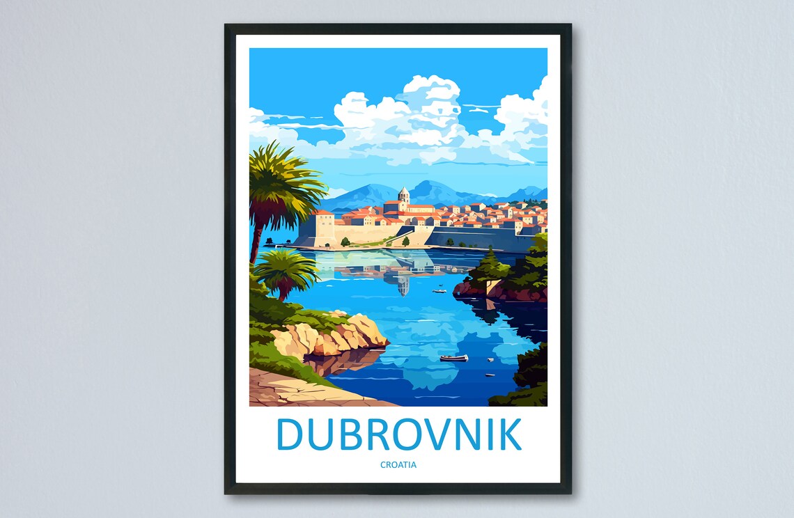 Dubrovnik Croatia Old Town Harbor Reflections Vintage Travel Poster