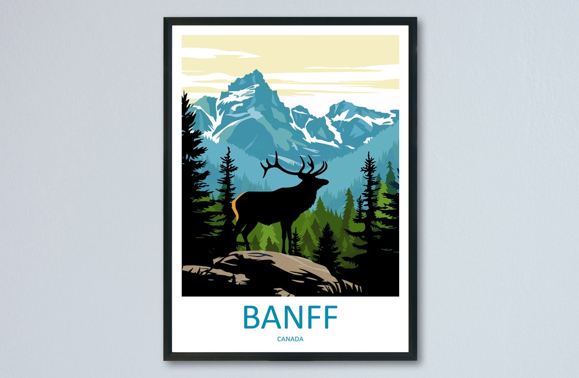 Banff Canada Elk Silhouette Against Snowy Mountain Peaks Poster
