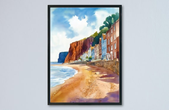 Sidmouth Red Cliffs Golden Beach Colorful Seafront Watercolor Poster