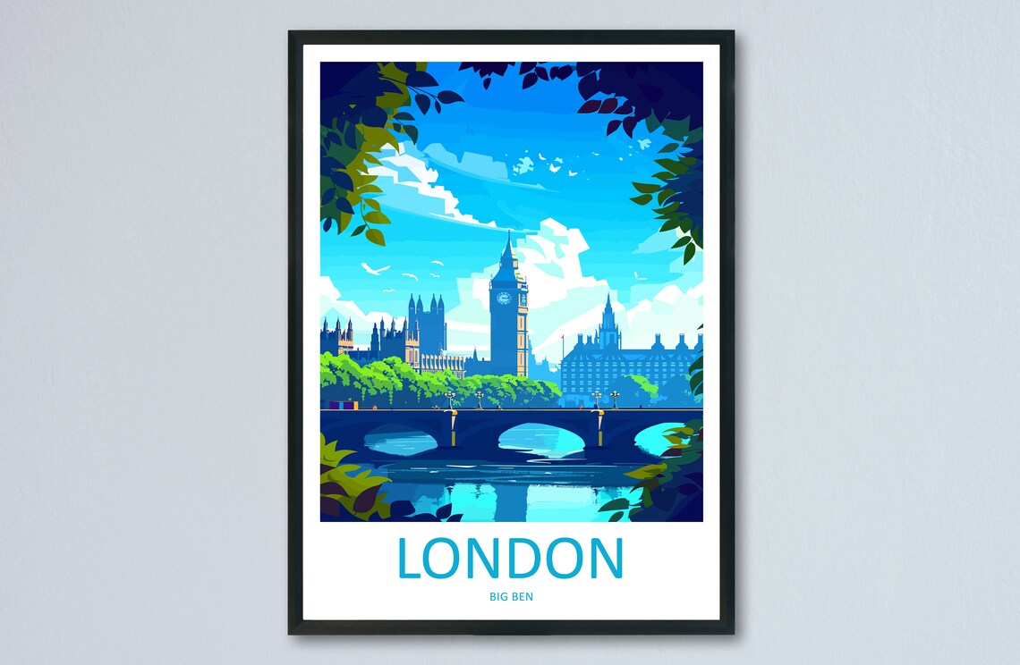 London Big Ben Westminster Bridge Thames Riverside Travel Poster