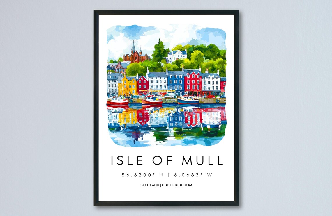 Isle of Mull Tobermory Waterfront Boats Scotland Watercolor Poster