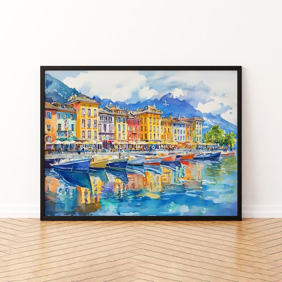Vevey Switzerland Colorful Harbor Boats Lake Watercolor Poster