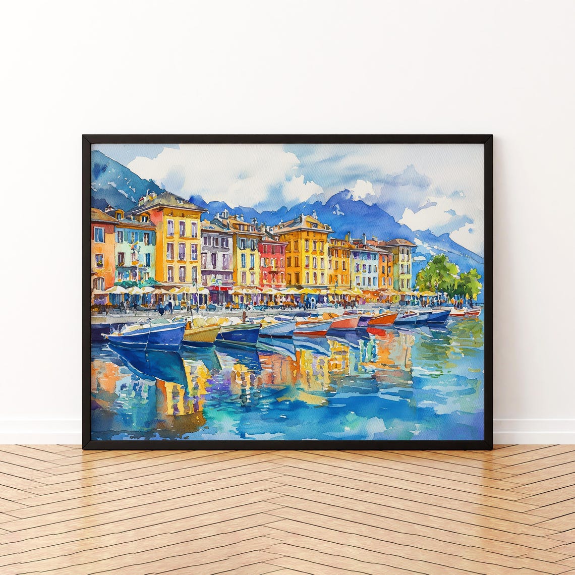 Vevey Switzerland Colorful Harbor Boats Lake Watercolor Poster