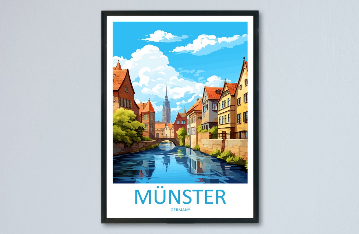 Munster Germany Canal Old Town Travel Illustration Art Poster