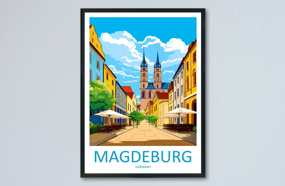 Magdeburg Germany Cathedral Street Cafes Summer Travel Poster