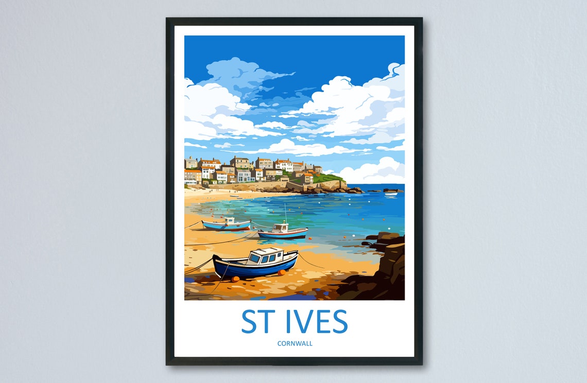 St Ives Cornwall Sandy Beach Boats Seaside Town Headland Poster