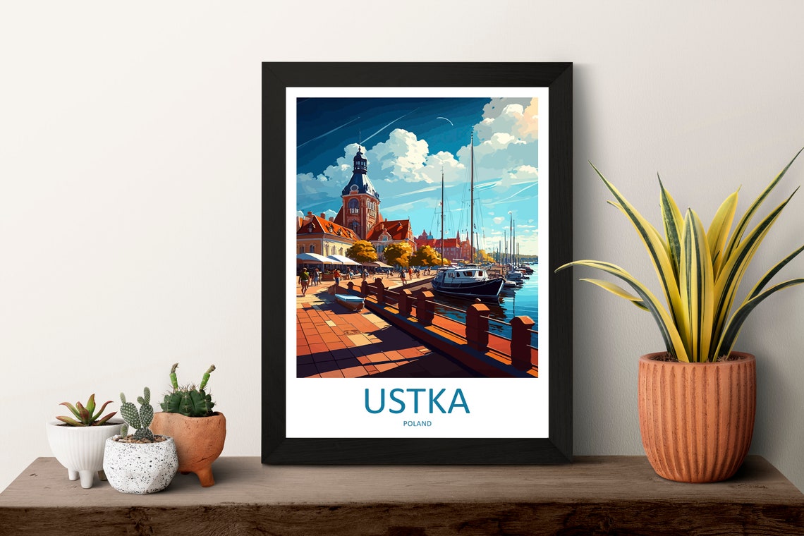 Ustka Poland Sunny Harbor Promenade Sailboats Retro Travel Poster - Image 3