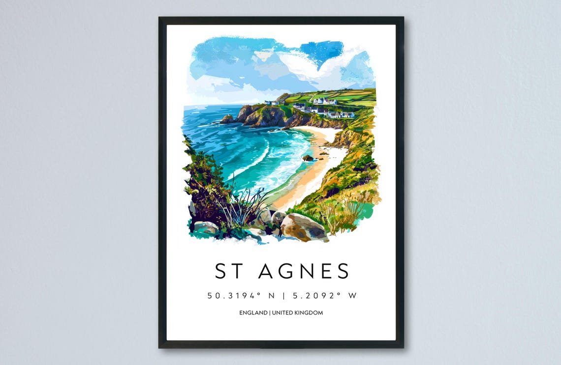 St Agnes England Coastal Cliffs Beach Watercolor Travel Poster