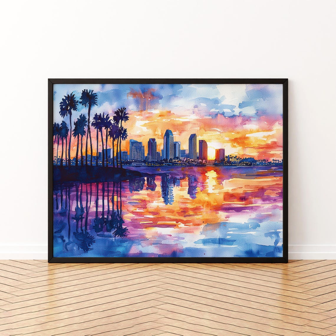 San Diego Skyline Sunset Watercolor Palm Trees Ocean Reflection Poster
