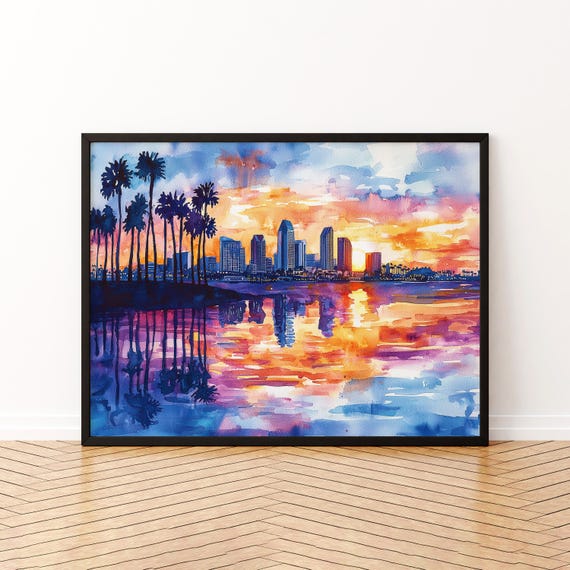 San Diego Watercolor Poster Travel Print Coastal City Painting Beach Wall Art Usa Ocean Decor Souvenir