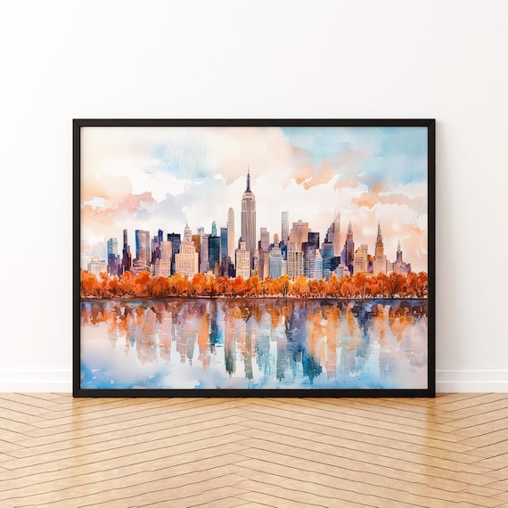 New York City Autumn Skyline Watercolor Reflection Manhattan Print