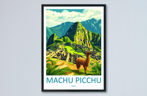 Machu Picchu Peru Ancient Incan Ruins Llama Vintage Travel Poster