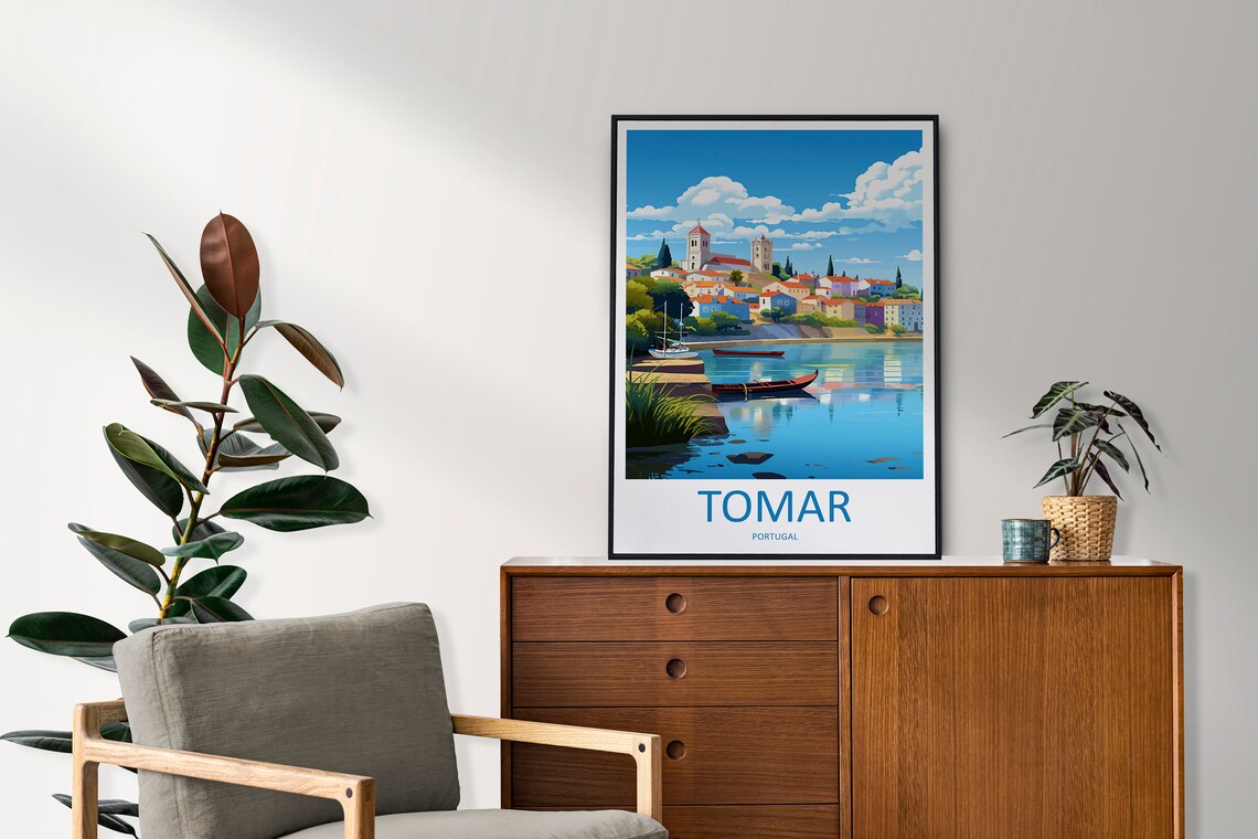 Tomar Portugal River Boats Waterfront Hilltop Old Town Travel Poster - Image 2