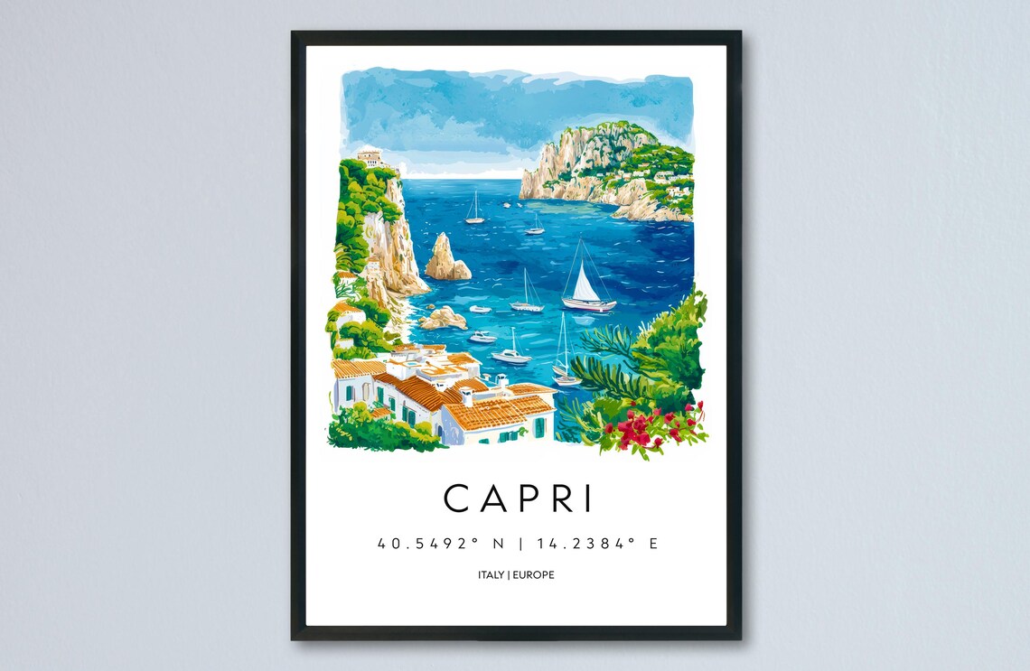 Capri Italy Island Watercolor Poster Sailboats Cliffside Bay View