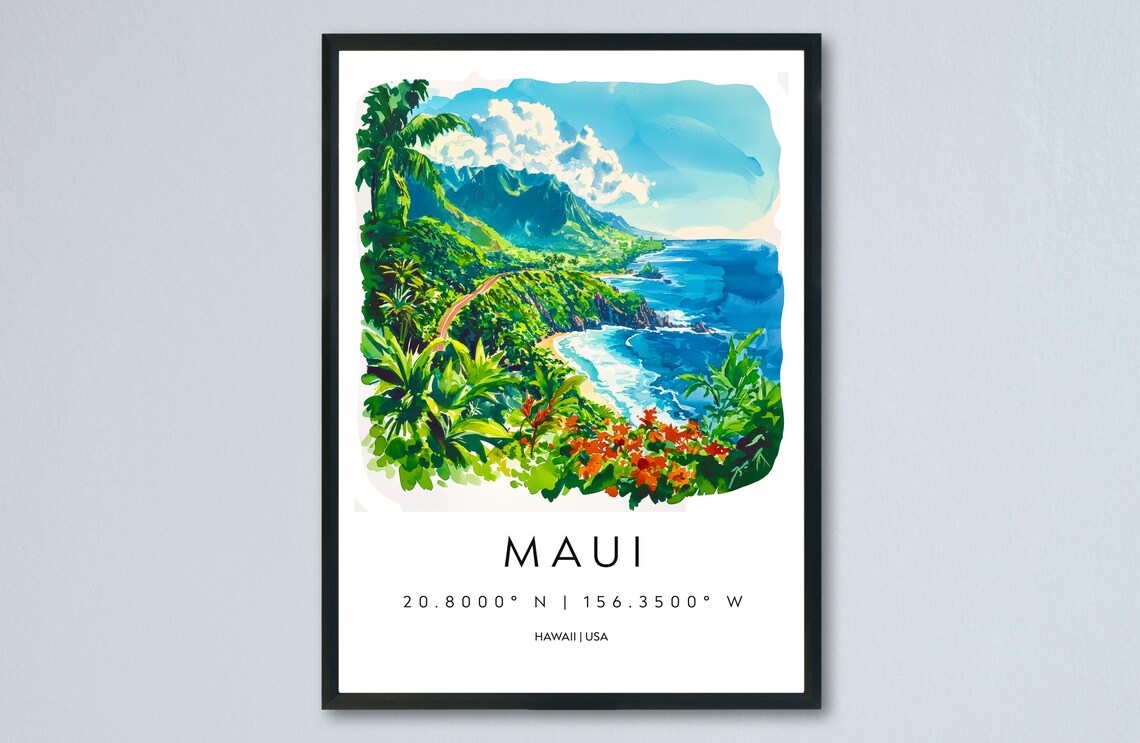 Scenic Maui Hawaii Tropical Cove Red Flowers Watercolor Poster