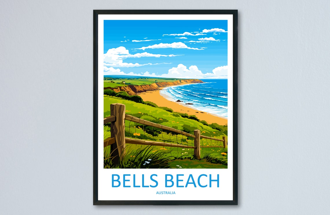 Bells Beach Golden Surf Bay Viewed From a Clifftop Fence Poster