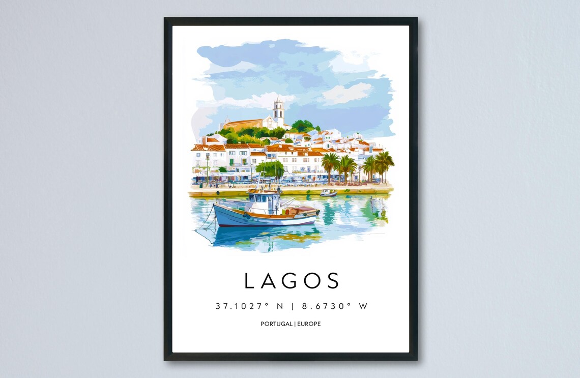 Lagos Portugal Harbor Watercolor Travel Poster With Coordinates Art