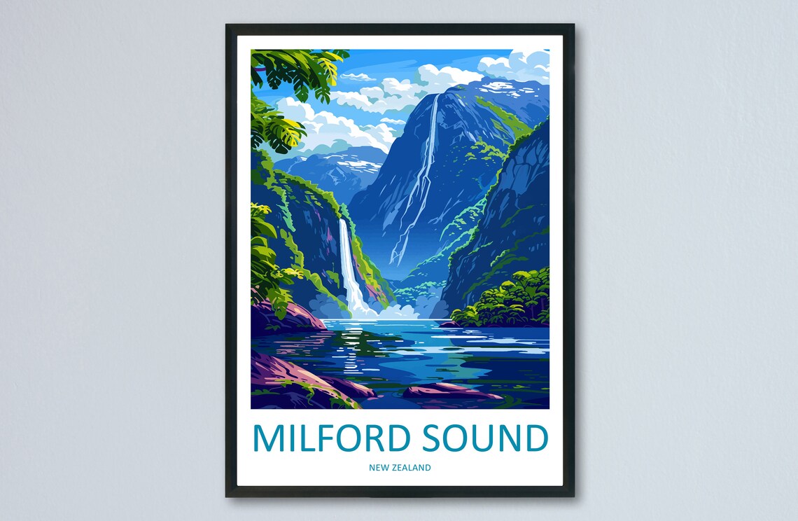 Milford Sound Travel Poster, New Zealand Place Art