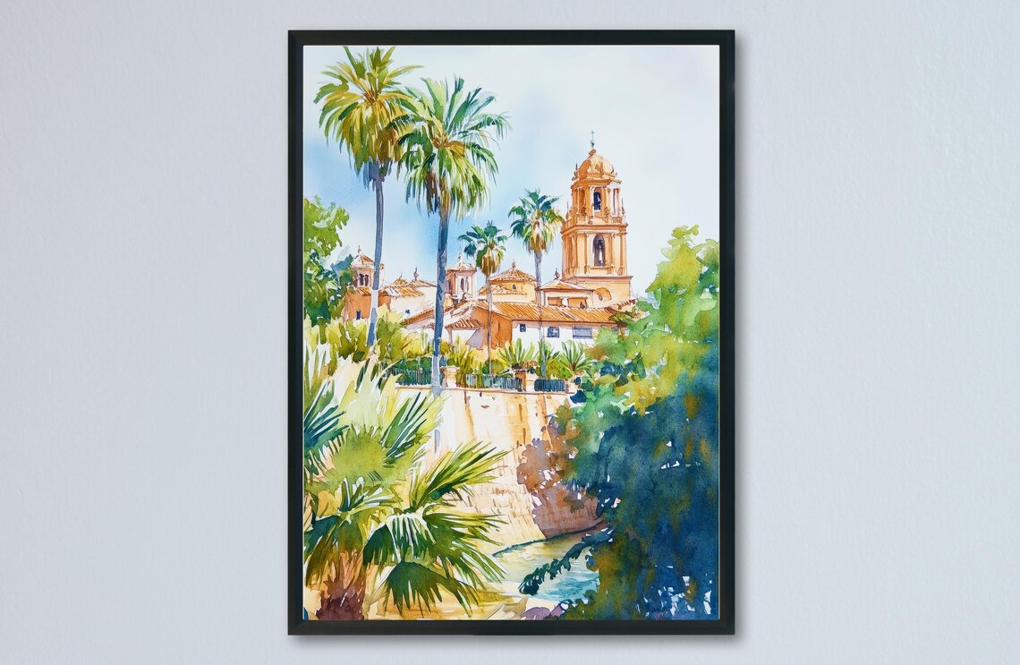 Murcia Spain Baroque Bell Tower Palm Trees Watercolor City Poster