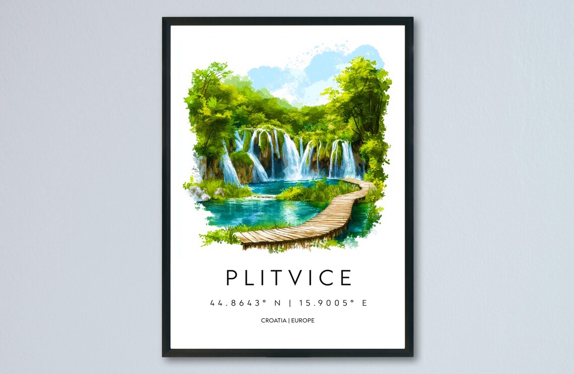 Plitvice Croatia Emerald Waterfalls Boardwalk Watercolor Nature Poster