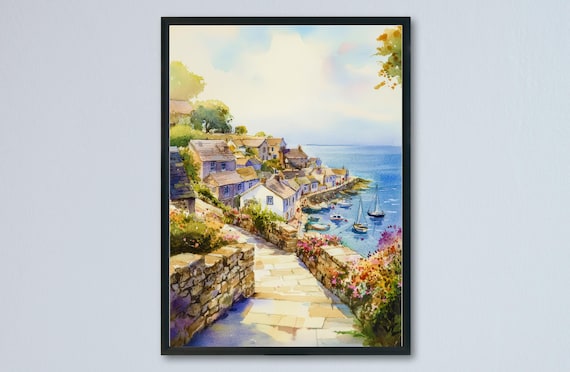 Mevagissey Cornish Harbor Sailboats Stone Steps Watercolor Poster