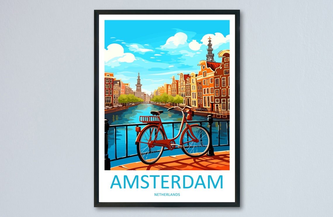 Amsterdam Canal Bridge Red Bicycle Netherlands Travel Poster