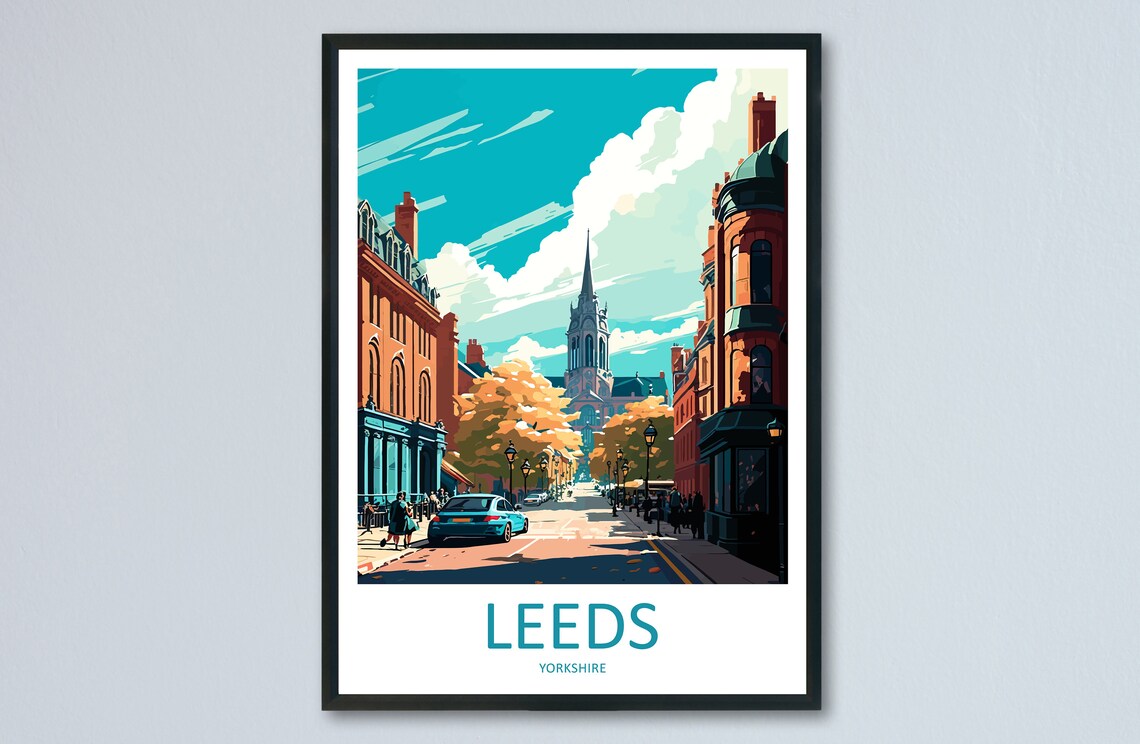 Leeds England Yorkshire Autumn Street Scene Vintage Travel Poster