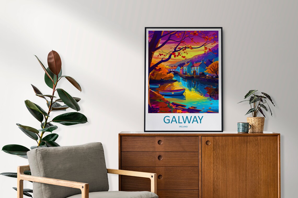 Galway Ireland Sunset River Village with Boats Autumn Travel Poster - Image 2