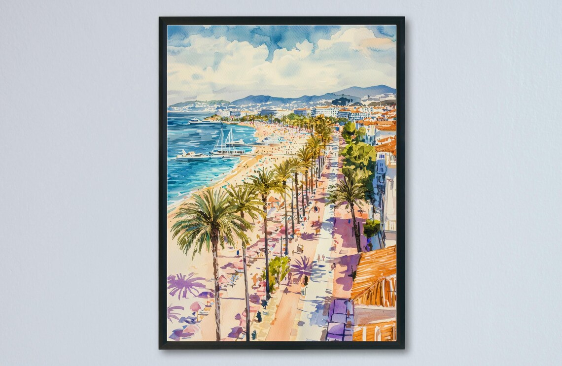 Cannes Watercolor Travel Poster, French Riviera Scene