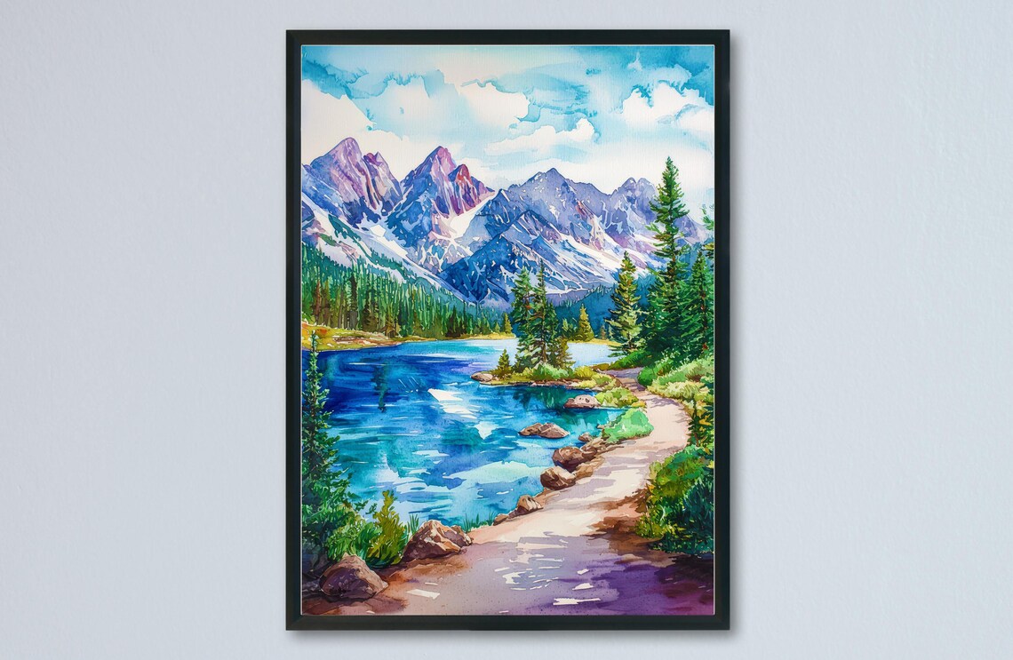 Rocky Mountain Alpine Lake Trail Watercolor Colorado Peaks Poster
