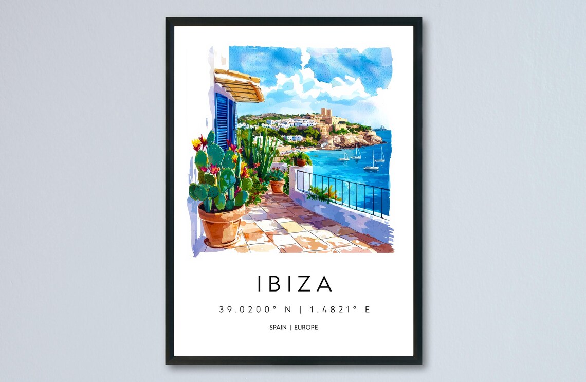 Ibiza Coast Terrace Sailboats Watercolor Mediterranean Travel Poster