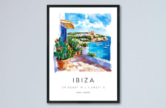 Ibiza Coast Terrace Sailboats Watercolor Mediterranean Travel Poster