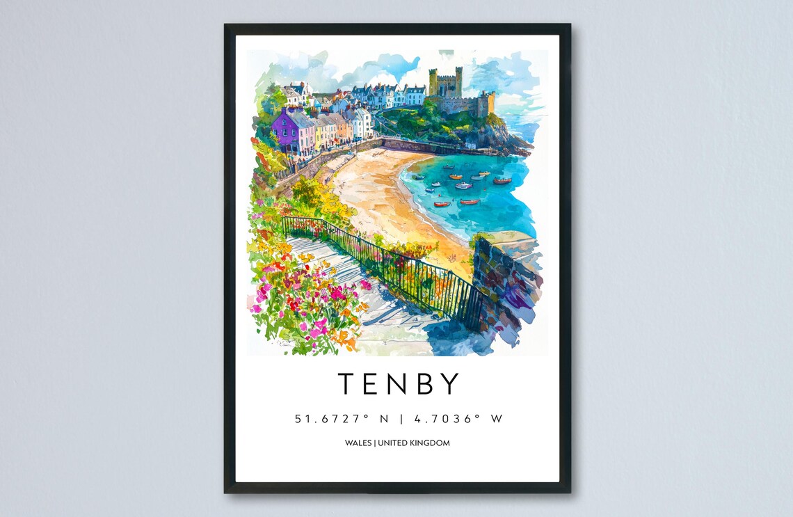 Tenby Castle Beach Watercolor Harbor Town Wales Travel Poster