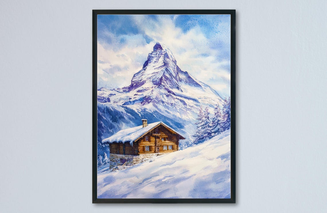 Zermatt Matterhorn Mountain Chalet Snowy Watercolor Travel Poster
