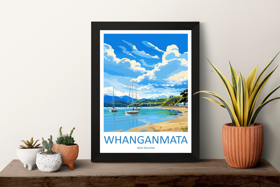 Whanganmata New Zealand Sailboats Anchored Golden Bay Poster - Image 3