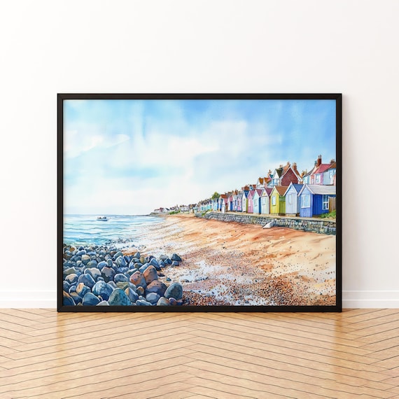 Sheringham England Colorful Beach Huts Shingle Beach Watercolor Poster