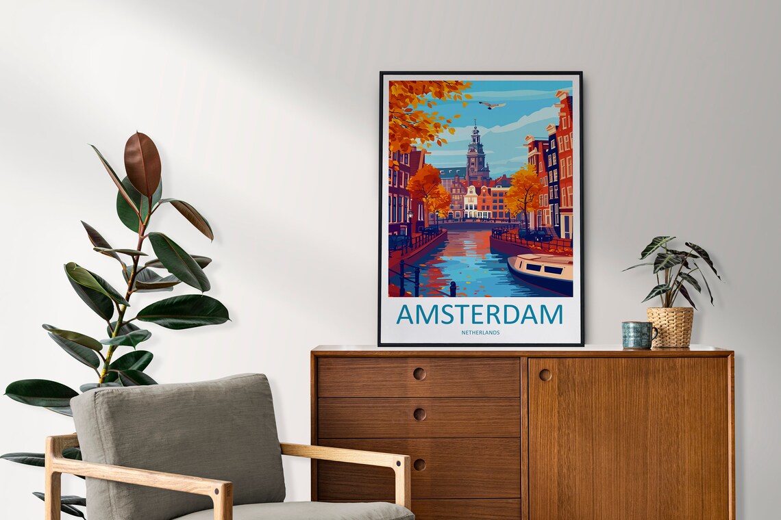 Amsterdam Netherlands Autumn Canal Church Tower Boats Travel Poster - Image 2
