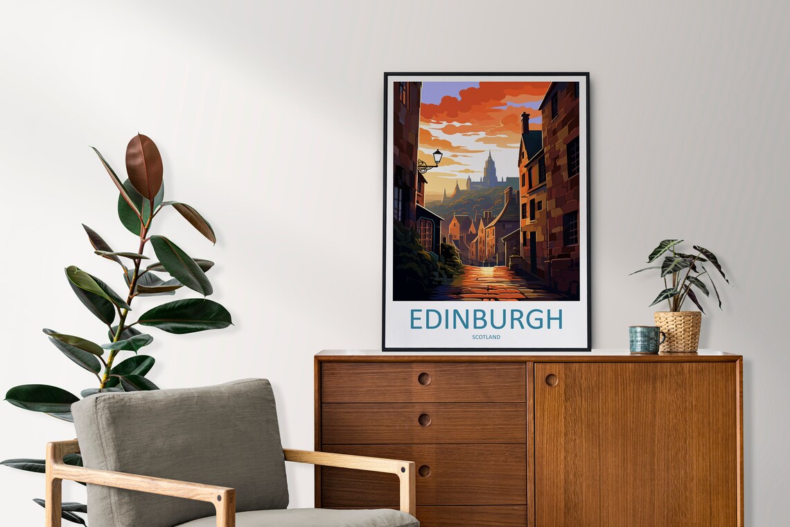 Edinburgh Scotland Cobblestone Alley Toward Castle at Sunset Poster - Image 2