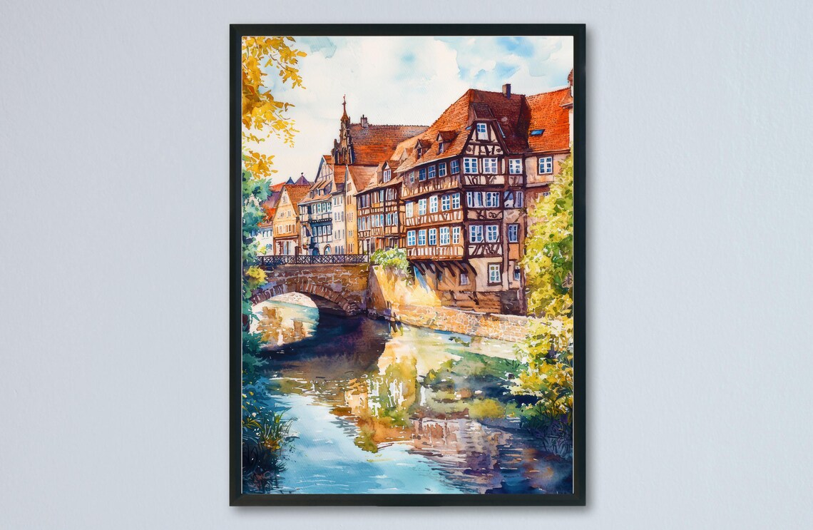 Nuremberg Germany Old Town River Half Timbered Watercolor Poster