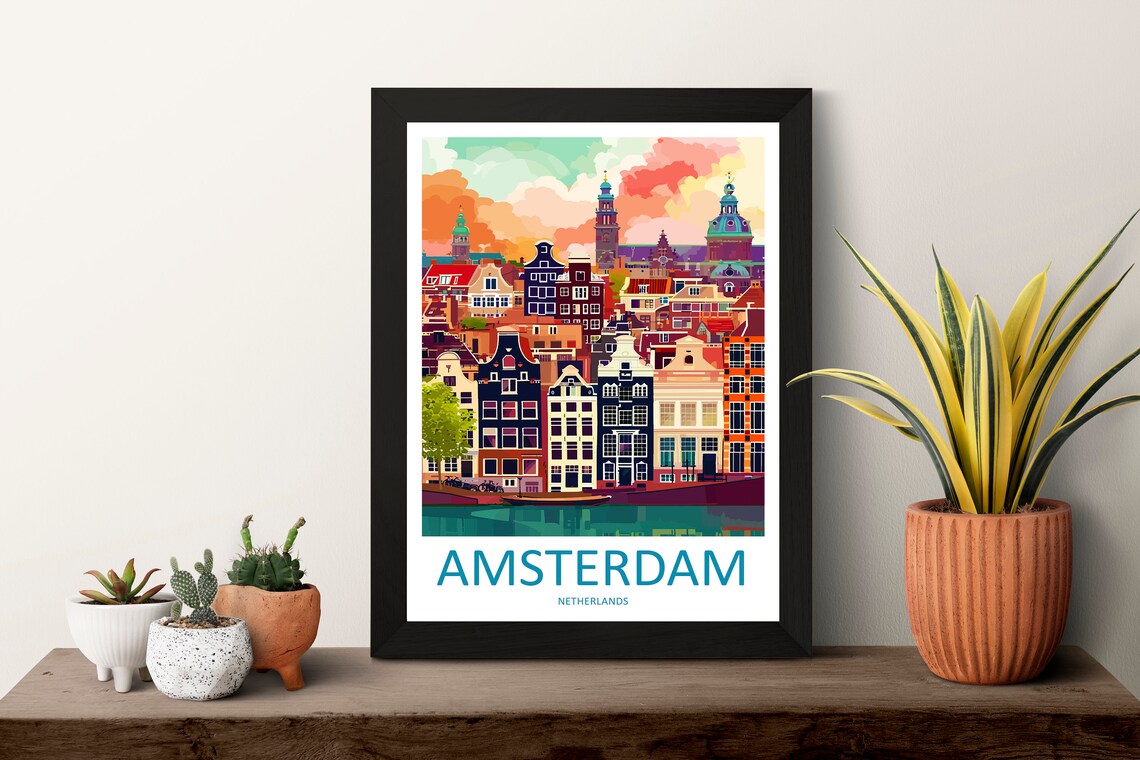 Amsterdam Netherlands Canal Houses Sunset Skyline Travel Poster - Image 3