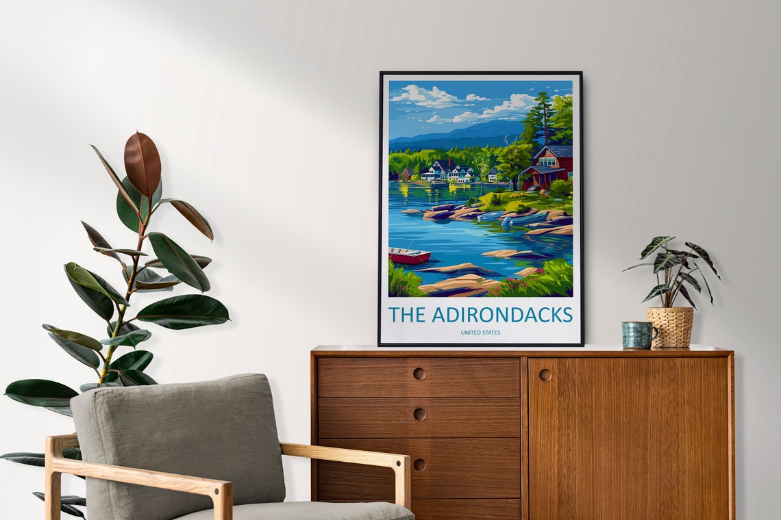 The Adirondacks New York Lakeside Cabins Canoes Travel Poster - Image 2