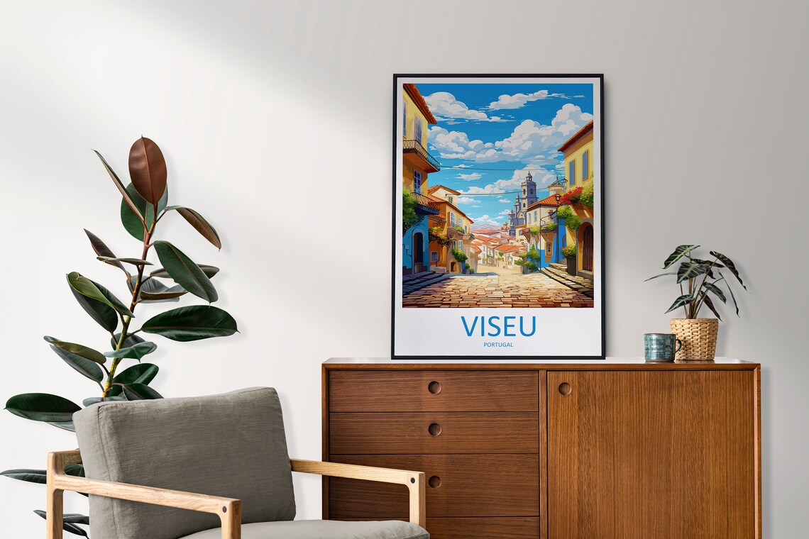 Viseu Portugal Cobblestone Street Church Tower Sunny Travel Poster - Image 2