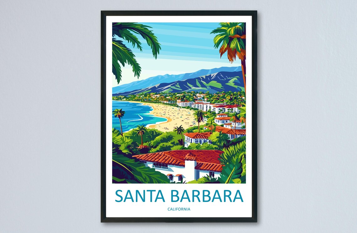 Santa Barbara Beach Coastline Aerial Palm View Travel Poster