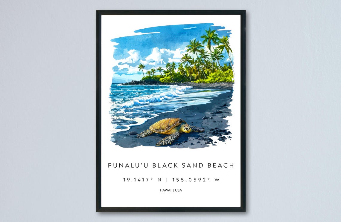 Punaluu Black Sand Beach Sea Turtle Hawaii Watercolor Poster